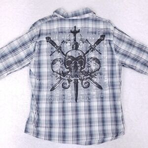 Machine Skull Dagger Plaid Button Down Large Blue